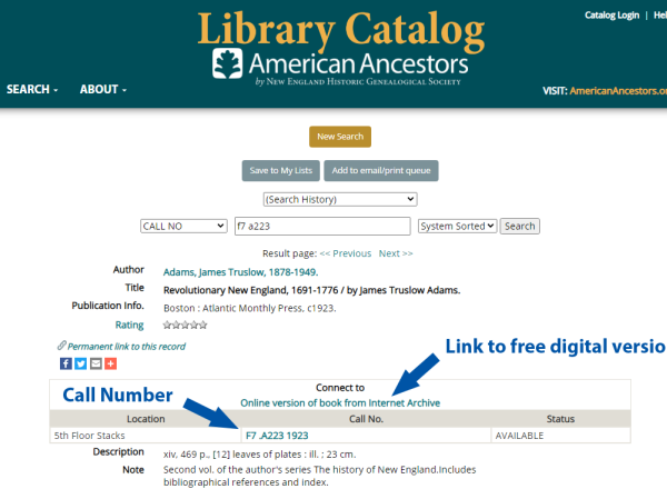 Library catalog example with call number and digital copy highlighted